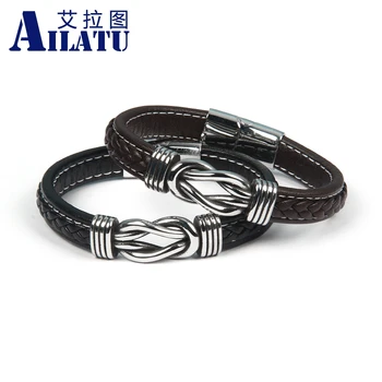 

Ailatu New Genuine Wide Leather Unique Knot Shape Men Bracelets Magnet Buckle Male Wrap Birthday Party Gift