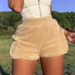 Outono inverno solto shorts moda feminina de pelúcia suor shorts senhoras creme sólida cintura alta shorts cintura elástica roupas femininas