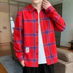 2021 primavera e outono novo coreano camisa de manga longa casaco masculino tendência casual xadrez camisa solta masculino