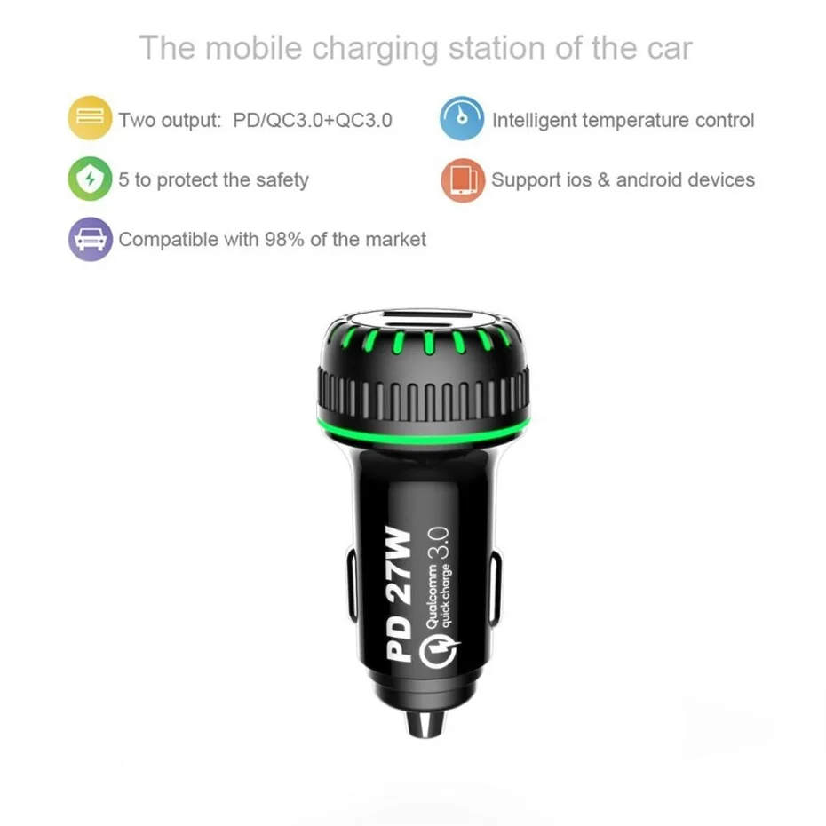 18W USB Автомобильное зарядное устройство для iPhone Xiaomi Mi 9 type C PD Dual USB быстрая зарядка 3,0 быстрое зарядное устройство для huawei P30 Pro автомобильное зарядное устройство