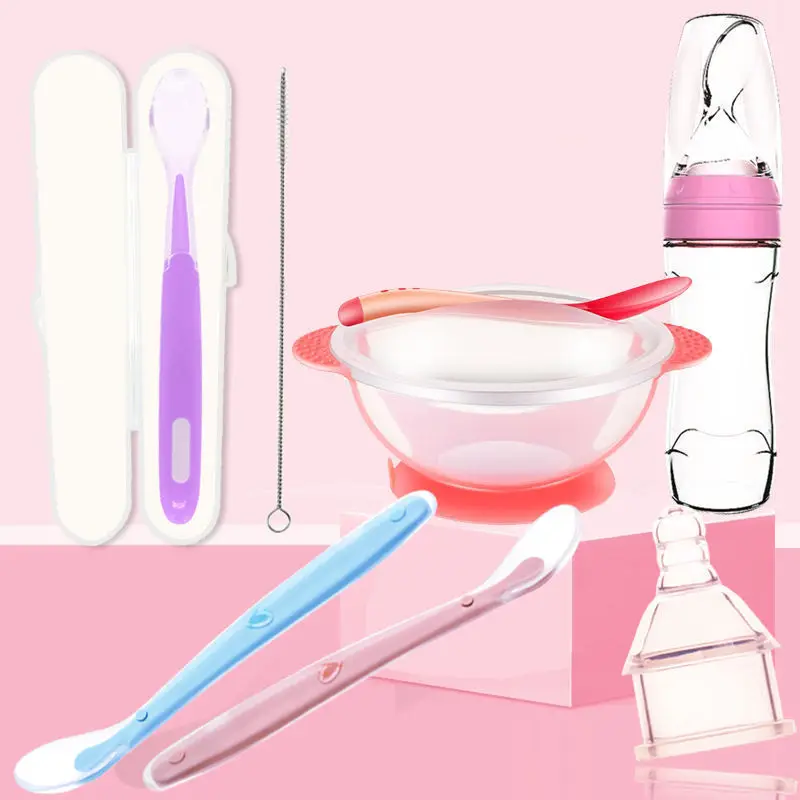 

Infant Silicone Spoon Rice Cereal Feeding Bottle Soft Spoon Baby Learn Eating fu shi shao Temperature Color-changing Spoon Bowl