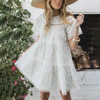 

MosiMolly 2020 Summer Daisy Flower Print Dress Women Hollow Out Smock Mini Dress Female Vestidos Boho Beach