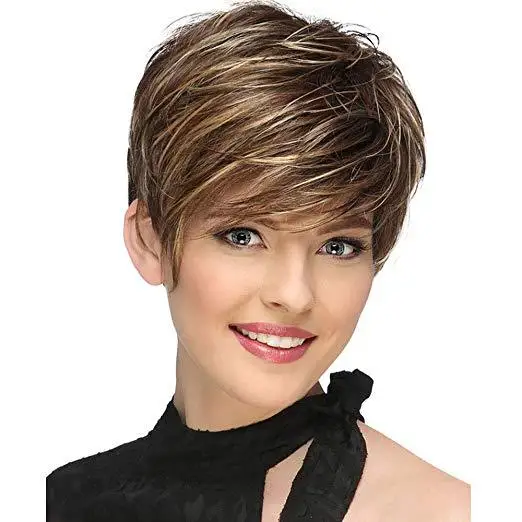 JOY&BEAUTY Synthetic Short Straight Wig for Women Wigs With Bangs Natural Mixed Brown Wig Daily Use Heat Resistant Fiber