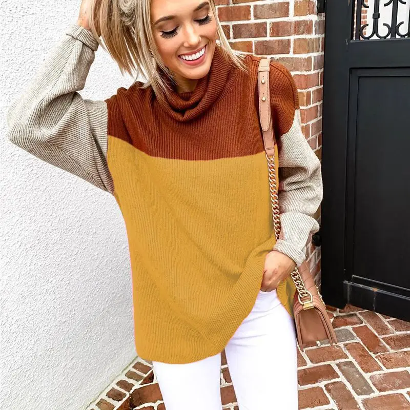 

Women Fashion Patchwork Long-Sleeved Loose Sweaters Female Casual Bottom Tops 2019 Autumn Winter Turtleneck Knitted Sweater