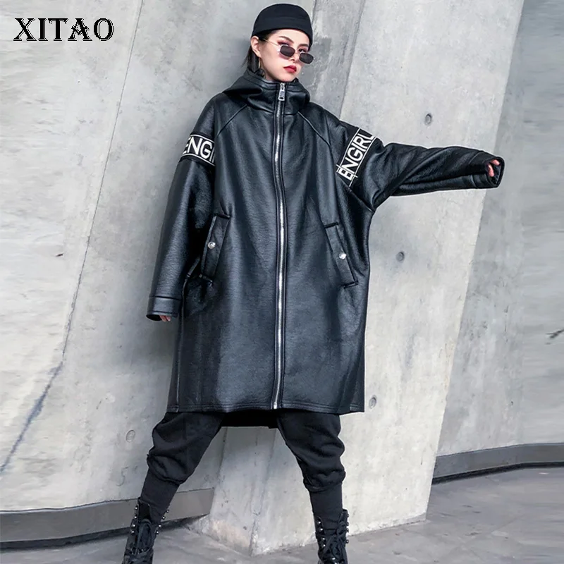 Plus-Size Coat Hooded-Collar Letter Faux-Leather XITAO Women Pocket Autumn Fashion New