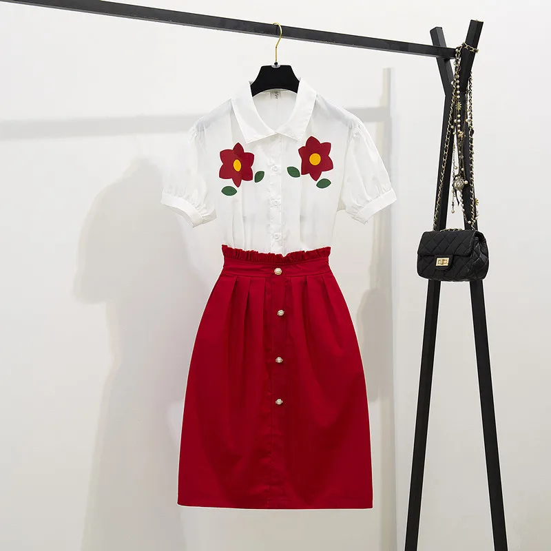 

Non-mainstream Two-Piece Set Summer Wear 2019 New Style Puff Sleeve Flower Shirt Skirt Very Fairy Online Celebrity WOMEN'S Suit