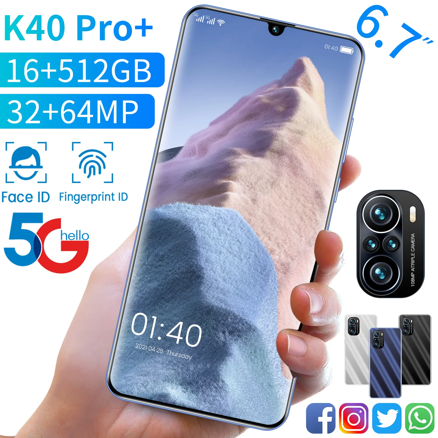 US $93.80 Global Version 5G K40 Pro Smartphone 16G 512G Memery 64 MP Camera MTK6889 Deca Core 6000mAh 67 Inch Drop Screen Mobile Phone