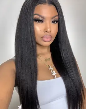 

DLME Synthetic Lace Front Wig 1B Black Yaki Straight GluelessHeat Resistant FiberDaily Wearing Wigs Light Yaki wig