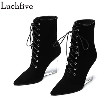 

Clear Heels Wedges Shoes For Women Lace Up Women Boots Sexy Pointy Toe Shoes Woman Black Ankle Boots For Women Hot Botas Mujer