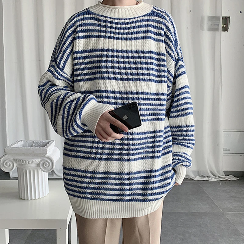 

Harajuku Sweater Men Hip Hop Blue Striped Sweaters Hand Korean Version Pullover Sweater 2020 Solid Color Sweater Men Clothing