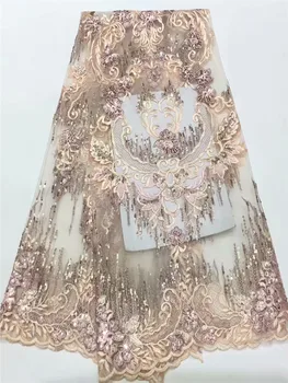 

Latest African Lace Fabric Embroidery Nigerian 3d Sequins Lace Fabric.High Quality French Tulle Lace Fabric For Women FR321