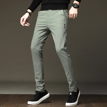 

BINHIIRO Men's Pants Solid Color Cotton Micro-elastic Casual Pants Men Slim Fashion Streetwear Business Suit Pants Men Z8807