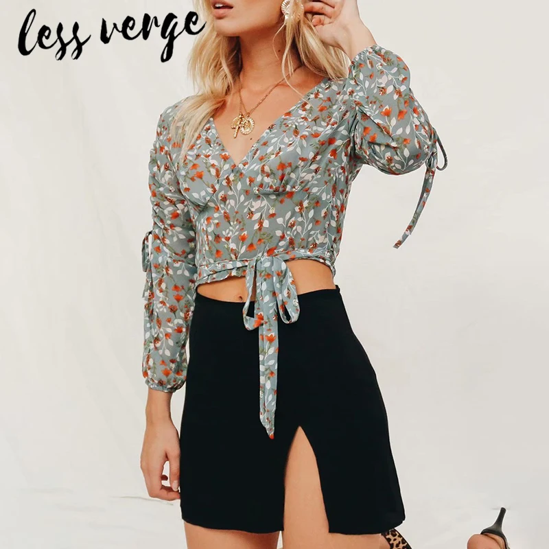 

lessverge Floral print grey womens tops blouses V neck shirred vintage chiffon blouse shirt Lace up bandage blusas mujer short