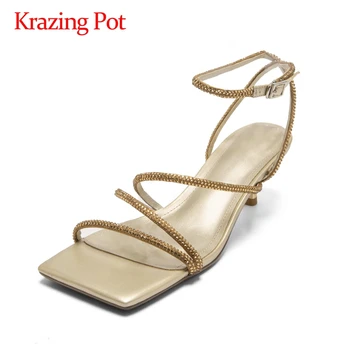 

Krazing pot new large size high street fashion bling big square toe thin high heels summer sandals buckle straps shoes women L92