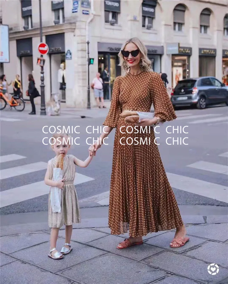 Cosmicchic Женское Платье макси с длинным рукавом-фонариком в горошек винтажное платье-рубашка с завышенной талией и поясом элегантное праздничное платье для вечеринок