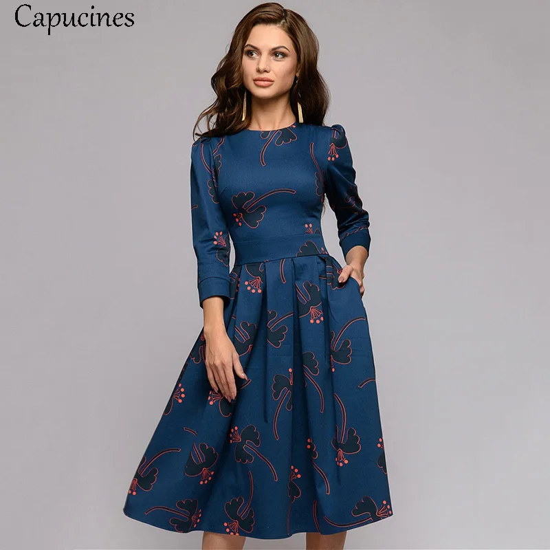Navy Blue Capucines Темно-синее платье Рукава 3/4 напечатанный Платье женское весна лето марочный карманный A-линии Повседневная Платье Elegent Бальные платья - Цвет: Navy Blue