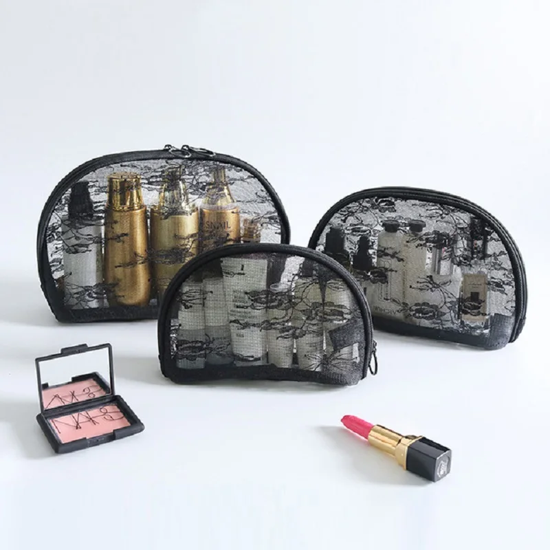 Women Shell Shape Black Mesh Cosmetic Bag Elegance Ladies See