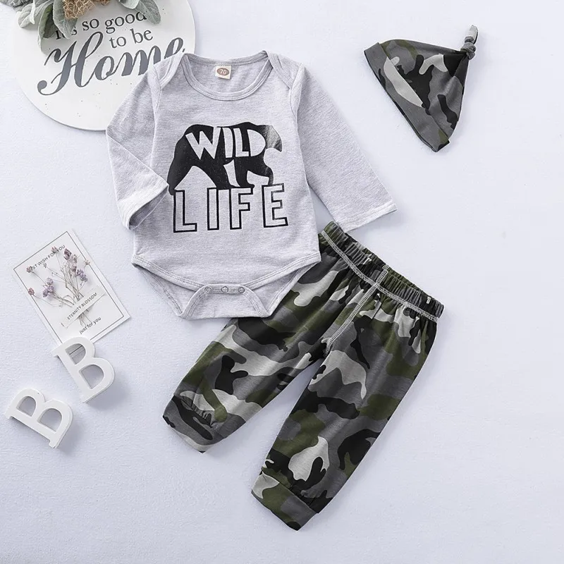 

0-18M Autumn Baby Boy Long Sleeve Letters Romper Tops Floral Print Trousers Hat Outfits Clothes