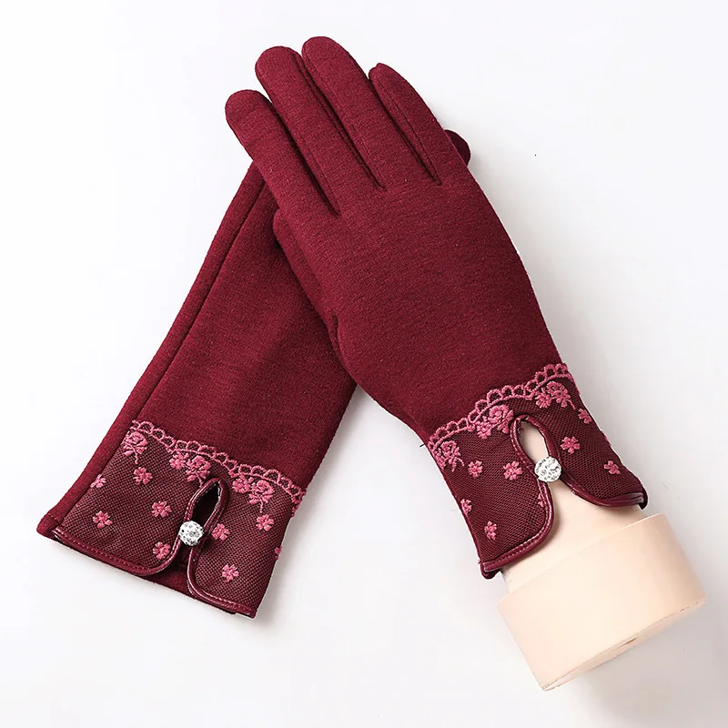 016F-red Женские модные теплые хлопковые перчатки для сенсорного экрана перчатки женские зимние перчатки Цветочные кружевные варежки с бантом - Цвет: 016F-red