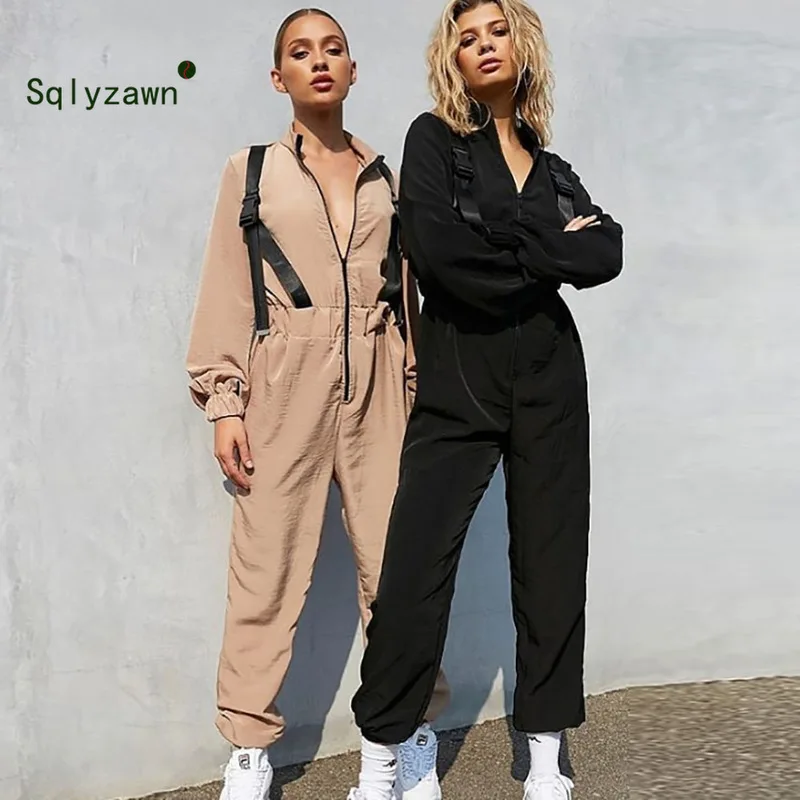 

School Bag Buckles Long Sleeve Women Jumpsuits 2019 Autumn Streetwear Rompers Fashion Front Zipper Up Cargo Pants Jumpsuit Femme