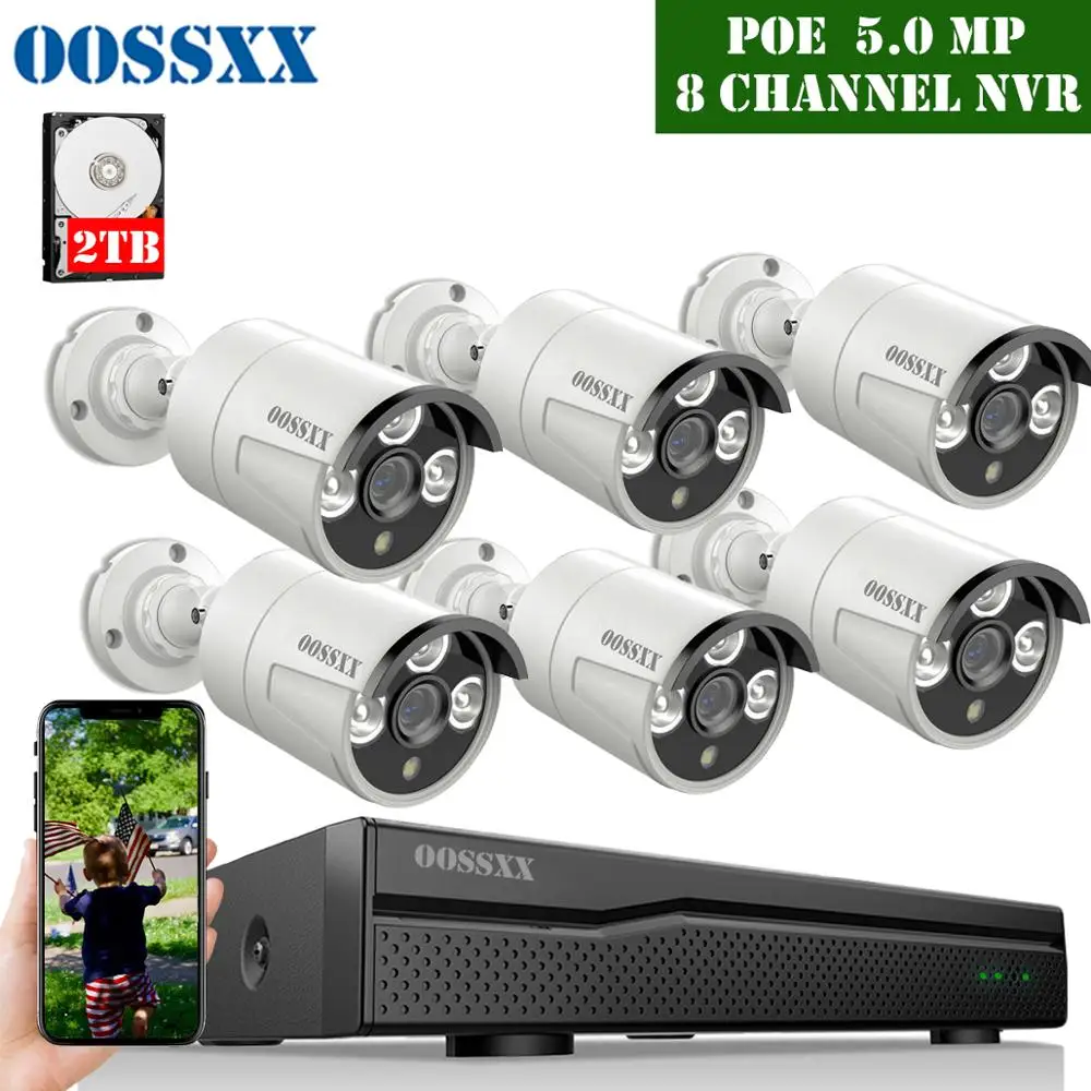 

OOSSXX 5MP POE Security Camera System Kit 6pcs 5.0MP Audio Camera IR Cut Outdoor Indoor IP67 Waterproof CCTV Video Surveillance