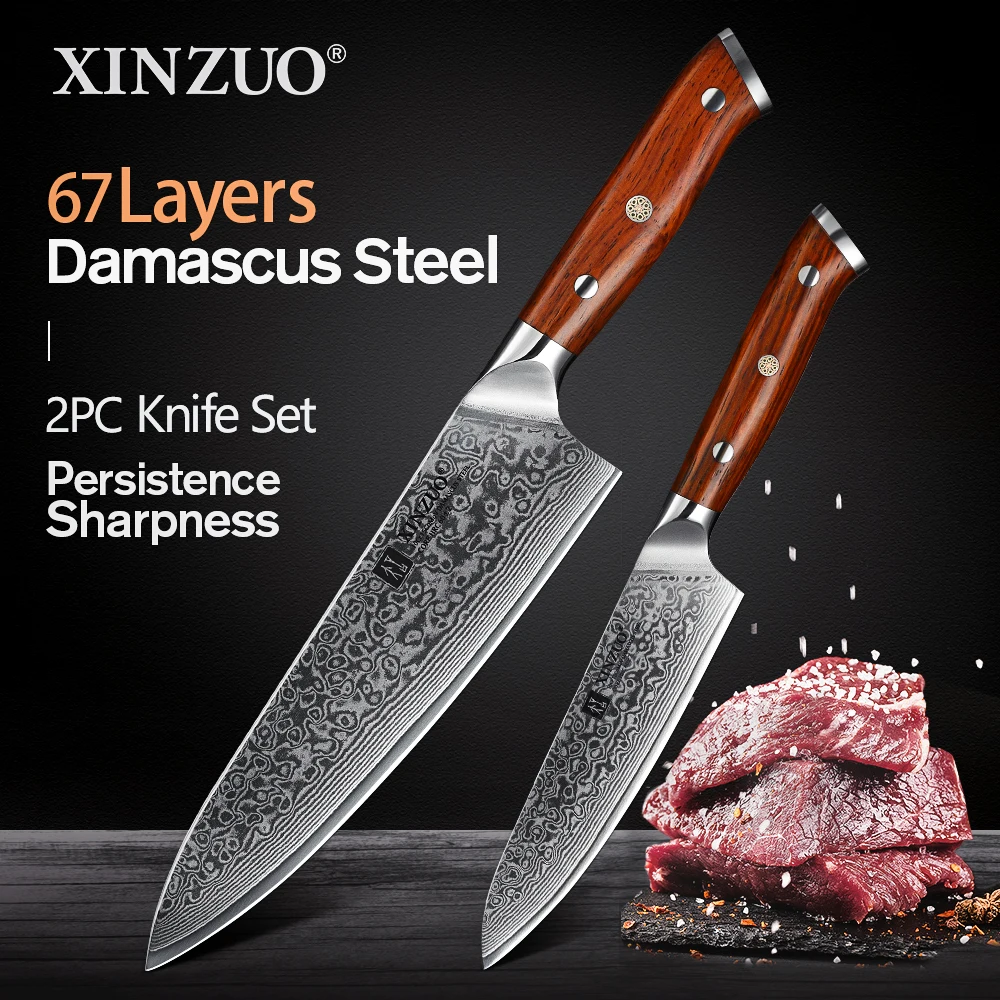 XINZUO 2 PCS Kitchen Chef Knife Set Damascus Steel Chef Cutter Utility Knives Stainless Steel Kitchen Cutlery Rosewood Handle