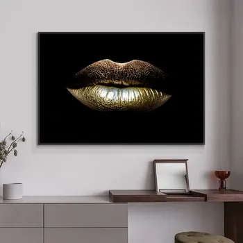 

Golden Lips Paintings On Canvas For Living Room Print Picture Nordic Poster Wall Art Pictures Home Decoration Frameless