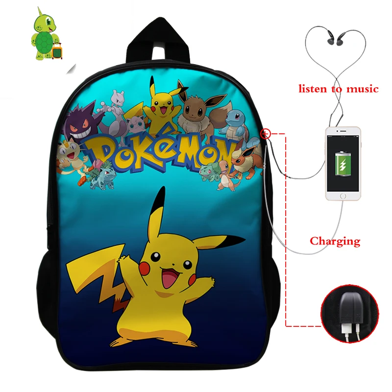 3 Рюкзак для ноутбука Pokemon Pikachu Gengar Eevee с зарядкой через USB, школьные сумки для мальчиков и девочек-подростков, рюкзак с рисунком, дорожные сумки на плечо - Цвет: 3