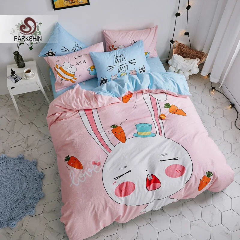 

ParkShin 100% Cotton Cartoon Rabbit Bedding Set Single Twin Fitted Sheet Elastic Duvet Cover Bed Linen Set For Child Kids Adult