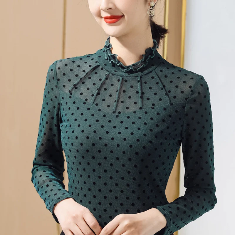 2021 black large women's Ruffle dot long sleeve T-shirt | Женская одежда