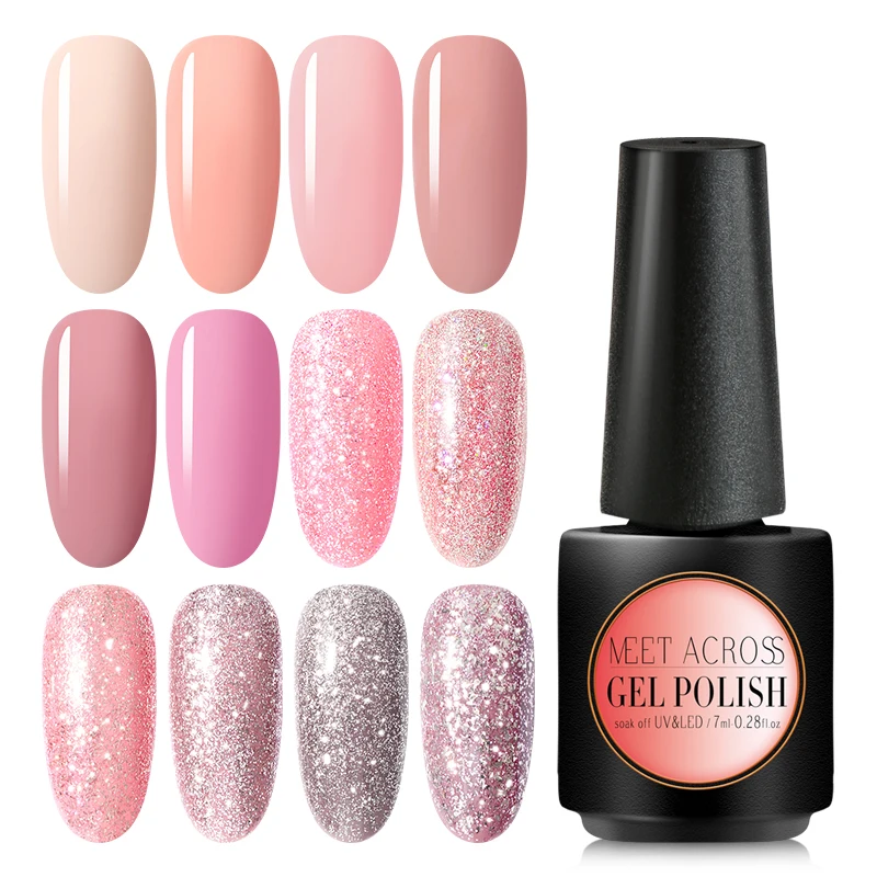 

MEET ACROSS Pink UV Gel Nail Polish Rose Gold Glitter Sequins Color Gel Varnish Soak Off UV Nail Art Gel Polish