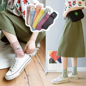 

Ruffles Flowers Embroidery Fishnet Sheer Socks Nylon Girls Thin Spring Summer New Candy Color Daisy Mesh Transparent Female Sox