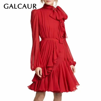 

GALCAUR Bow Dress For Women Lace Up Lantern Sleeve Tunic High Waist Ruffles Patchwork Irregular Draped Midi Dresses Vintage 2020