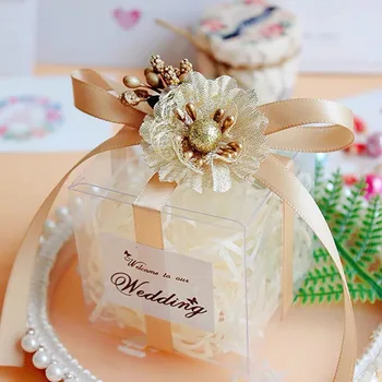 

20Pcs Gold Ribbons Cake Candy Box Wedding Favors Marriage Baby Shower Gift Box Packaging With Stickers Party Event Supplies