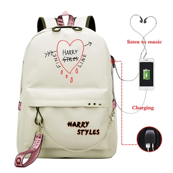 

New Teenager Girls Ribbons USB charging Backpack Harry Styles Backpack Casual Boys Student Backpack patter Print School bag