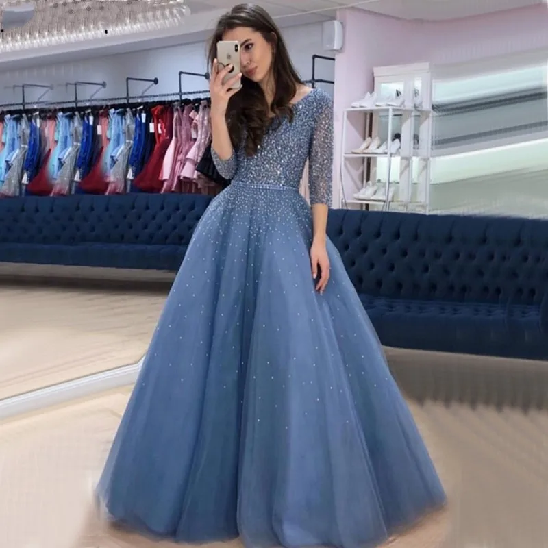 

Dark Blue V-neck Sexy A-line Long Evening Dresses 2020 Beading Sequins Sparkle Tulle Prom Formal Dress vestidos de festa