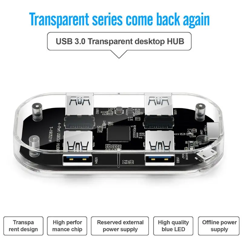 OOTDTY прозрачный usb-хаб 4 порта USB3.0 адаптер сплиттер для ноутбука U диск мобильных телефонов