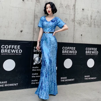 

AE766 Blue Mermaid Evening Dresses Plus Size Sequined Short Sleeve V-Neck Sexy Formal Dresses Evening Party Gowns