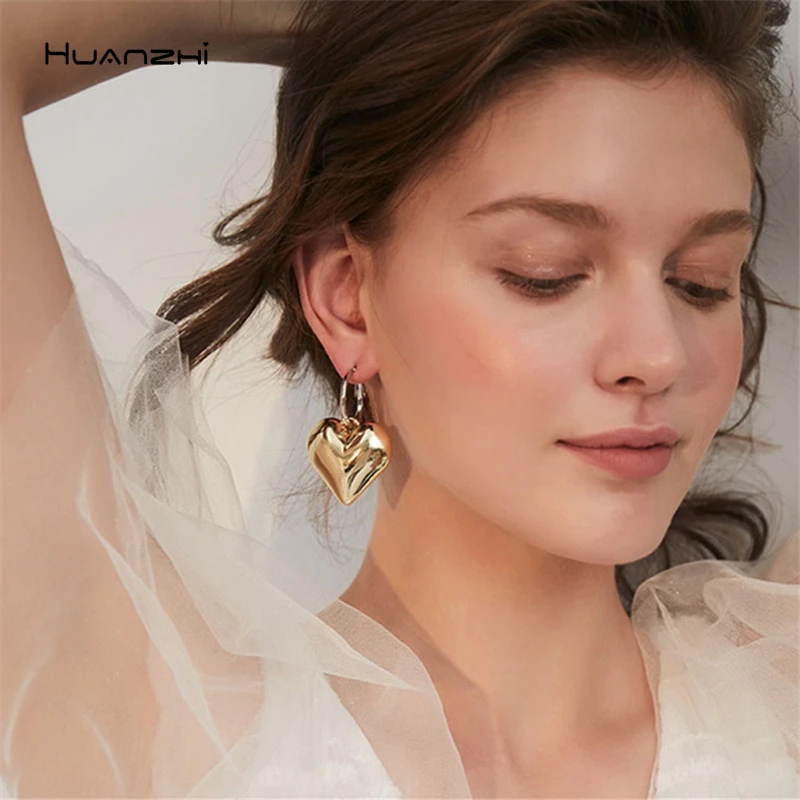 Серьги-кольца HUANZHI из металла для женщин и девушек объемные ювелирные украшения