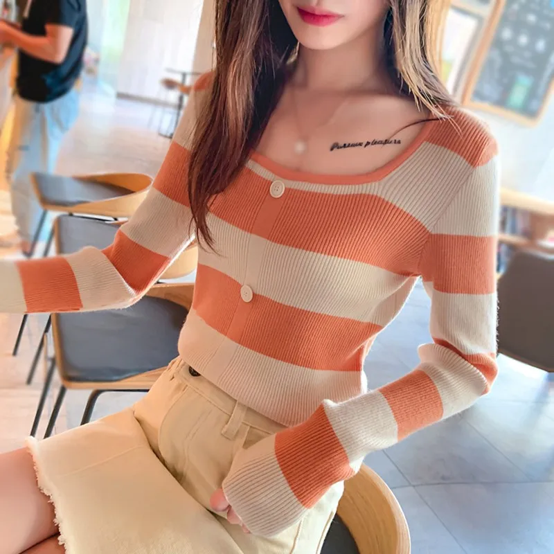 

Women Autumn Tops Korean Style Sweet Cute Loose Wild Striped Knitted Sweater Top T-Shirt