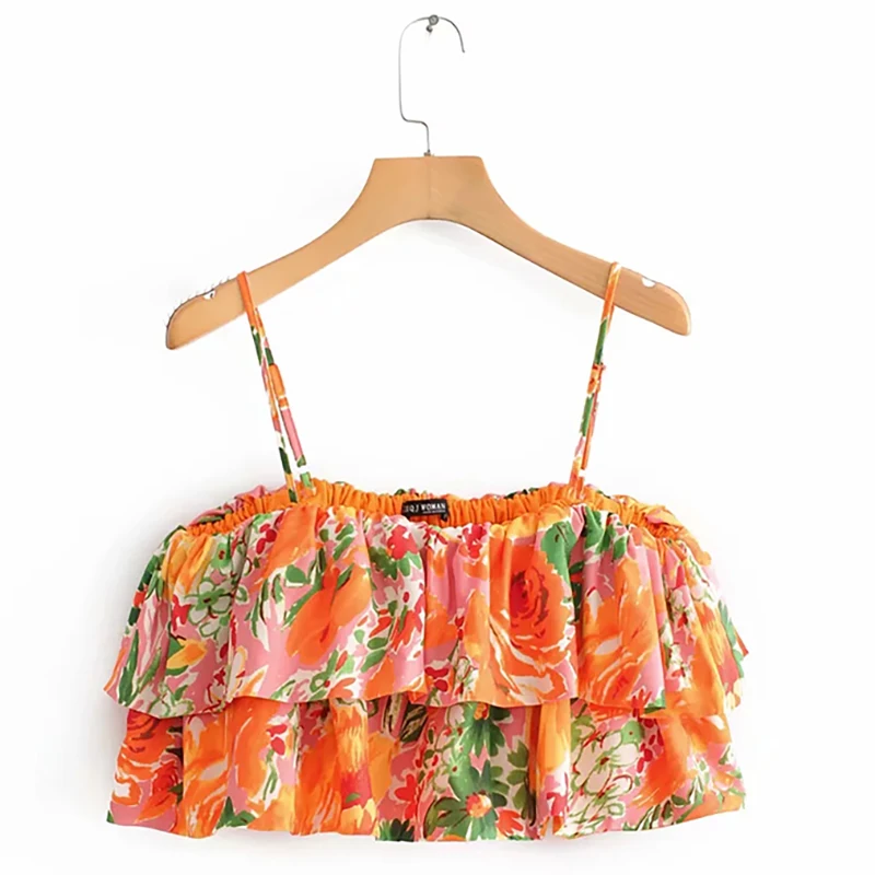 Женская шикарная рубашка с вырезом, оранжевая рубашка, топы, летняя модная женская двухслойная блузка с оборками и цветочным принтом, уличная женская блузка