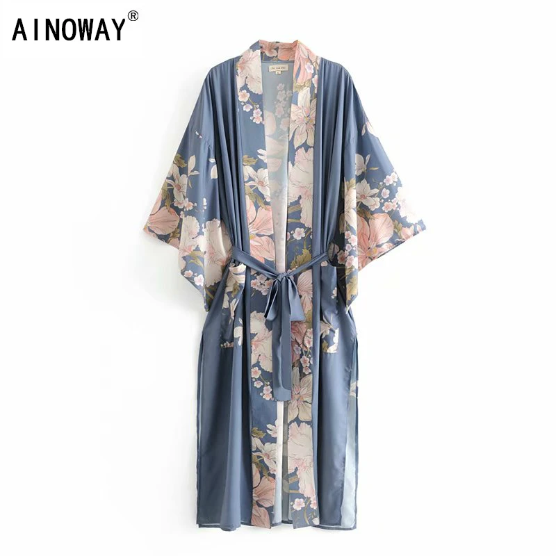 Ladies Blouses Robe Kimono Batwing-Sleeves Boho Floral-Print Vintage Women Happie Bohemian