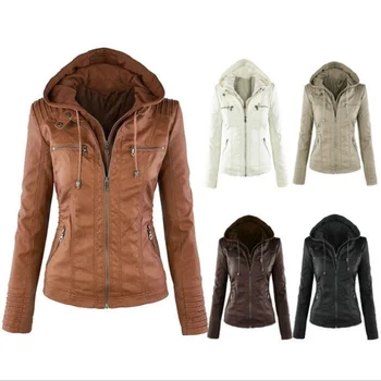 

ZOGAA Hot New Stylish Lady Faux Leather Long Sleeve Solid Color Zipper Removable Hooded Jacket Outwear Long Sleeve Solid Color