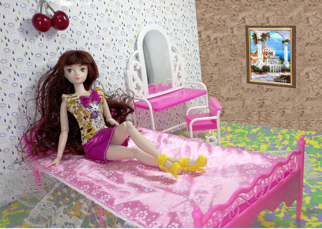 Куклы аксессуары Игрушки для девочек игровой дом игрушки большая кровать комод стол со стульями Кукольный дом мебель для Барби кукла игрушка