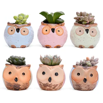 

6PCS Owl Succulent Thumb Flower Pot Macaron Kiln Variable Flow Glaze Retro Ceramic Animal Ornaments LXY9