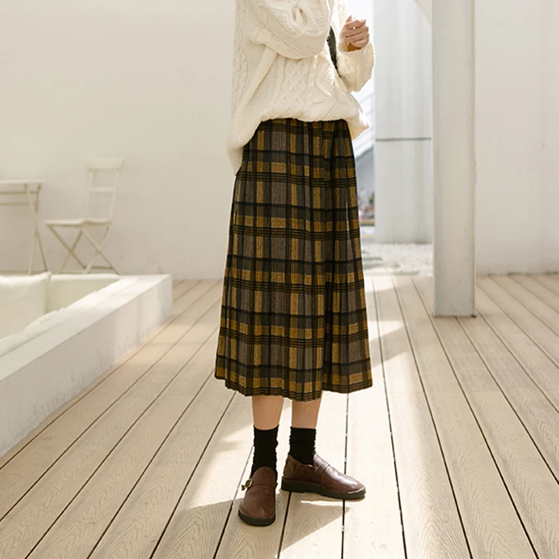 Vintage New Women Thick Warm Autumn Winter Harajuku Plaid Retro Skirt Female Cute Japanese Girls Kawaii Skirts Calf-length