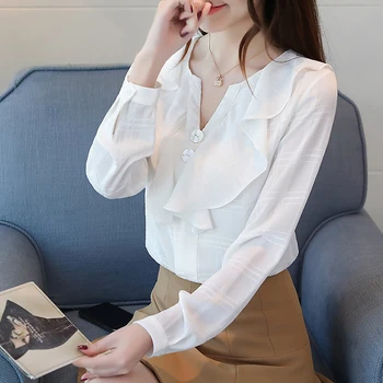 

Cute Ruffles blouse women New Spring Chiffon Full Sleeve V-Neck blusas womens tops and blouses Orange White 195