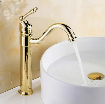 

Luxury Polished Gold Color Brass Kitchen Wet Bar Bathroom Vessel Sink Faucet Swivel Spout Mixer Tap Single Hole One Handle mnf214