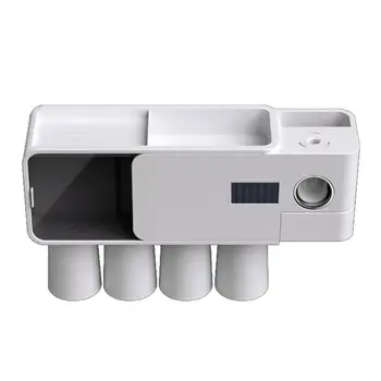 

Bathroom Wall-mounted Toothbrush Holder Space Saving Automatic Toothpaste Dispenser 4 Cups and Drawers Cosmetic Storage