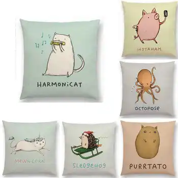 

Cute Cartoon Animals Words Pattern Cotton Linen Pillowcase for Home Office Seat Decor Sofa Waist Cushion Cover 18''